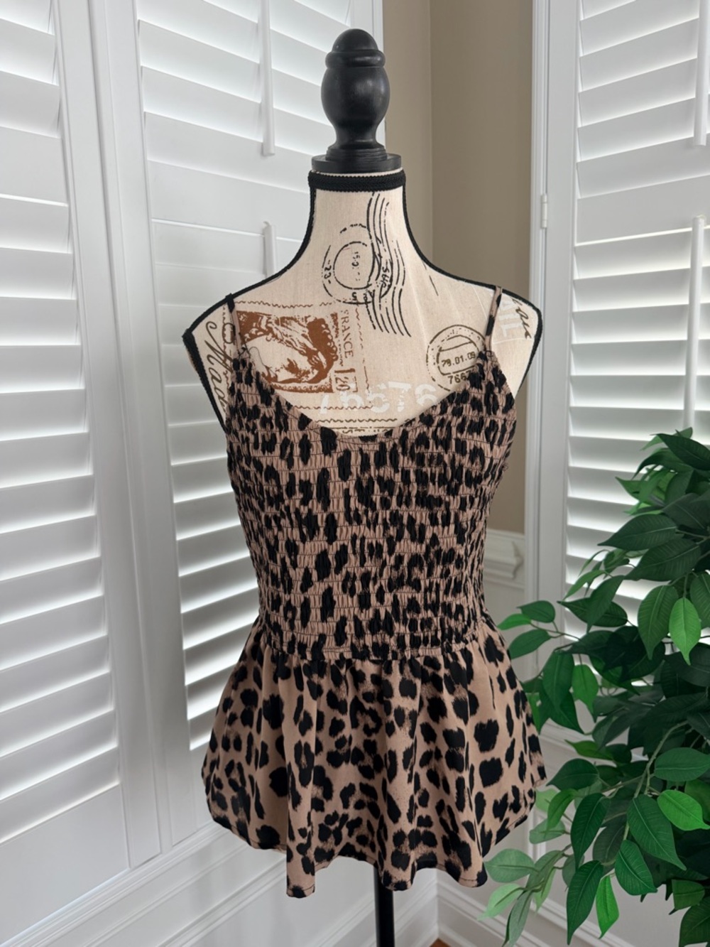 BiBi Leopard Print Smocked Peplum Camisole Top Size Medium